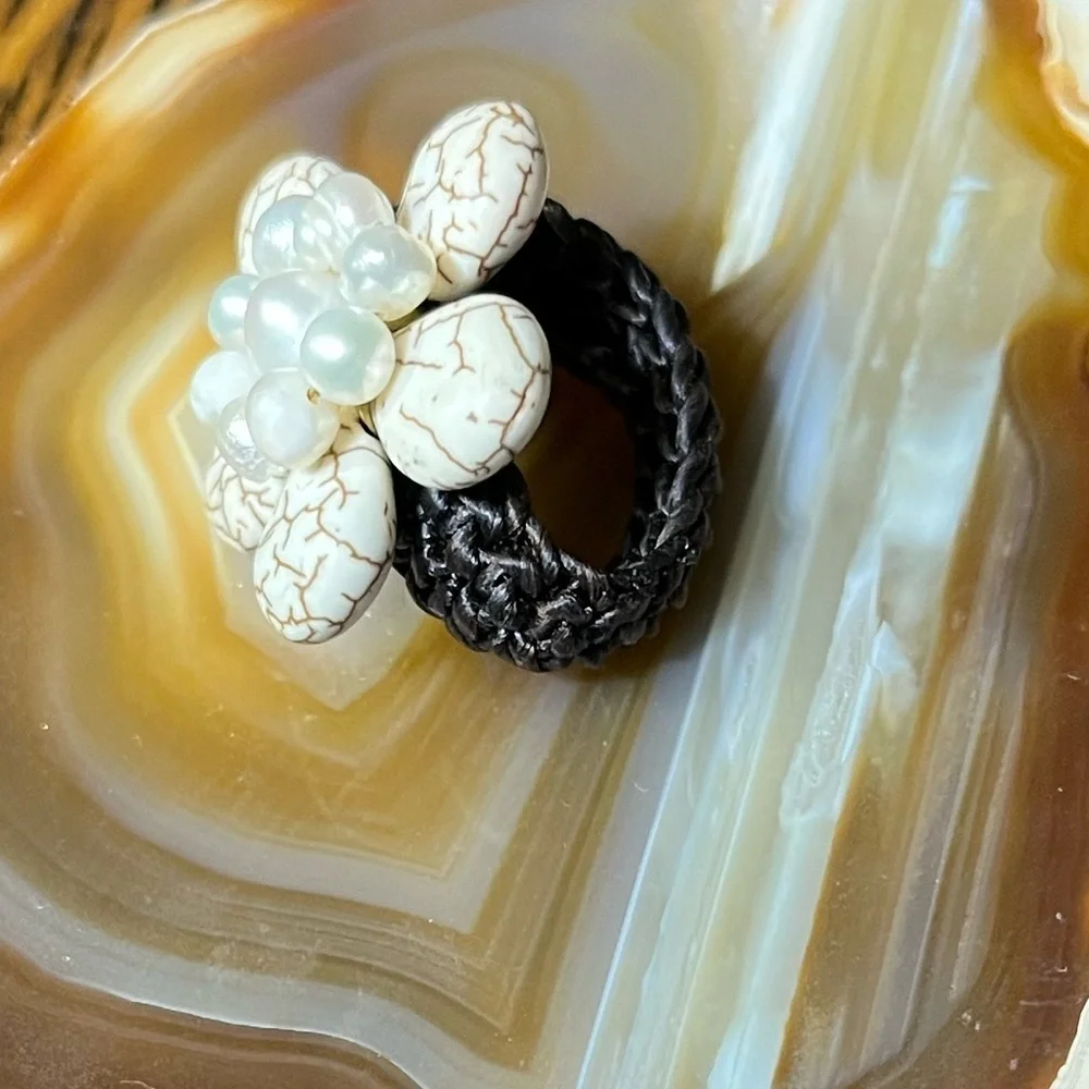White Howlite/ Pearl Beaded Flower Braided Band Handmade Ring